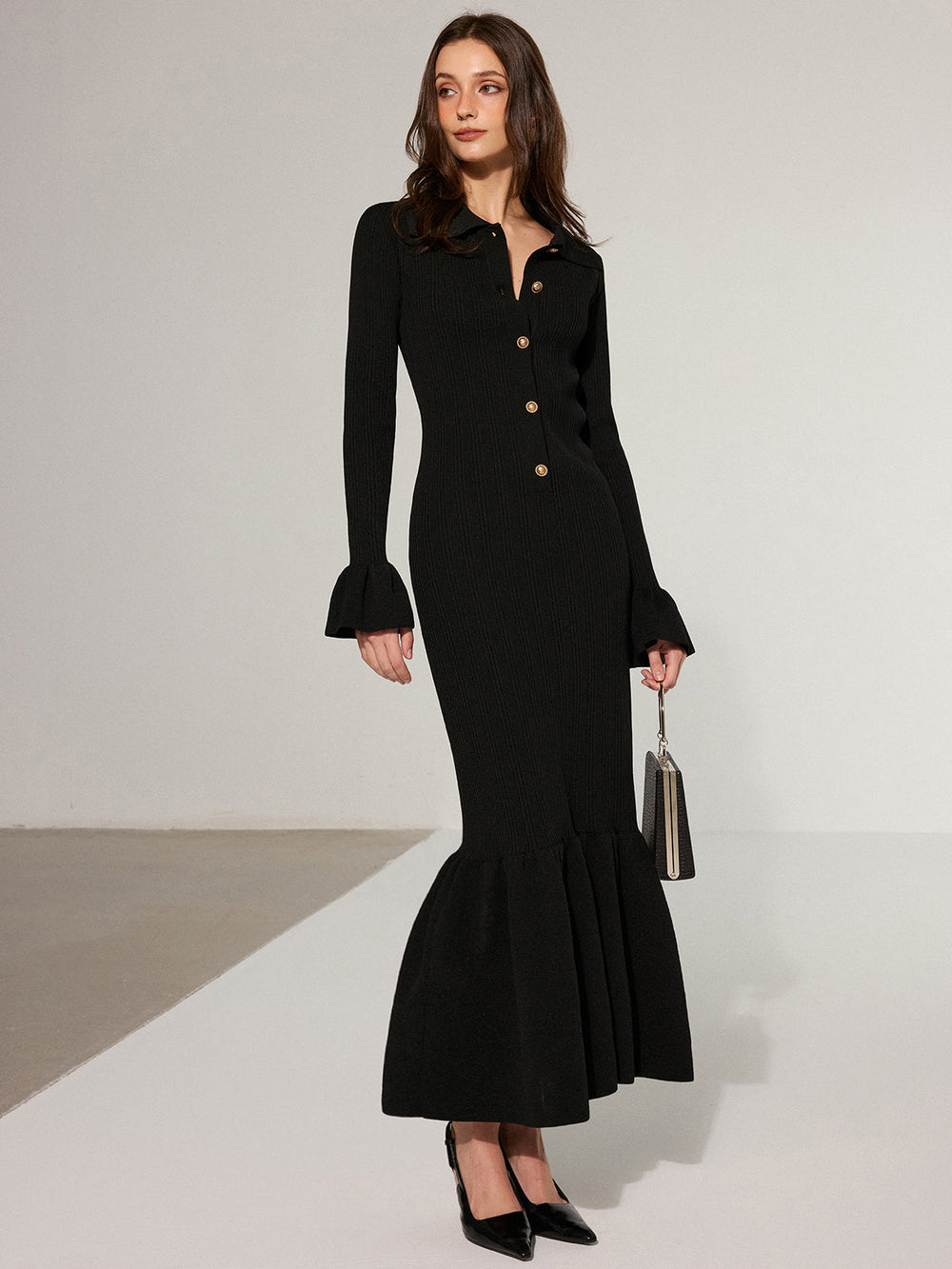Mermaid Hem Collared Knit Maxi Dress  Liora Lane Boutique Sweater Dresses