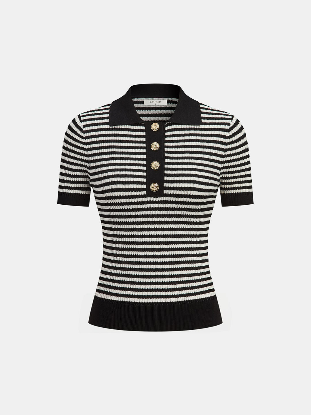 Metal Button Striped Knit Polo Top  Liora Lane Boutique Knit Tops Black / XL 45.00