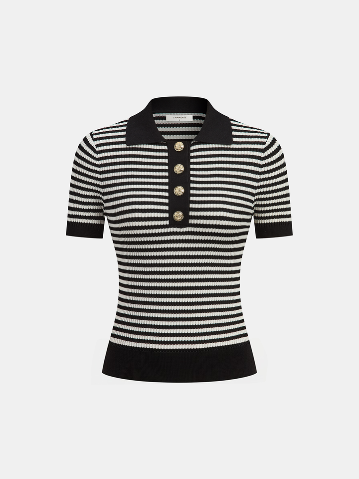 Metal Button Striped Knit Polo Top  Liora Lane Boutique Knit Tops Black / XL 45.00