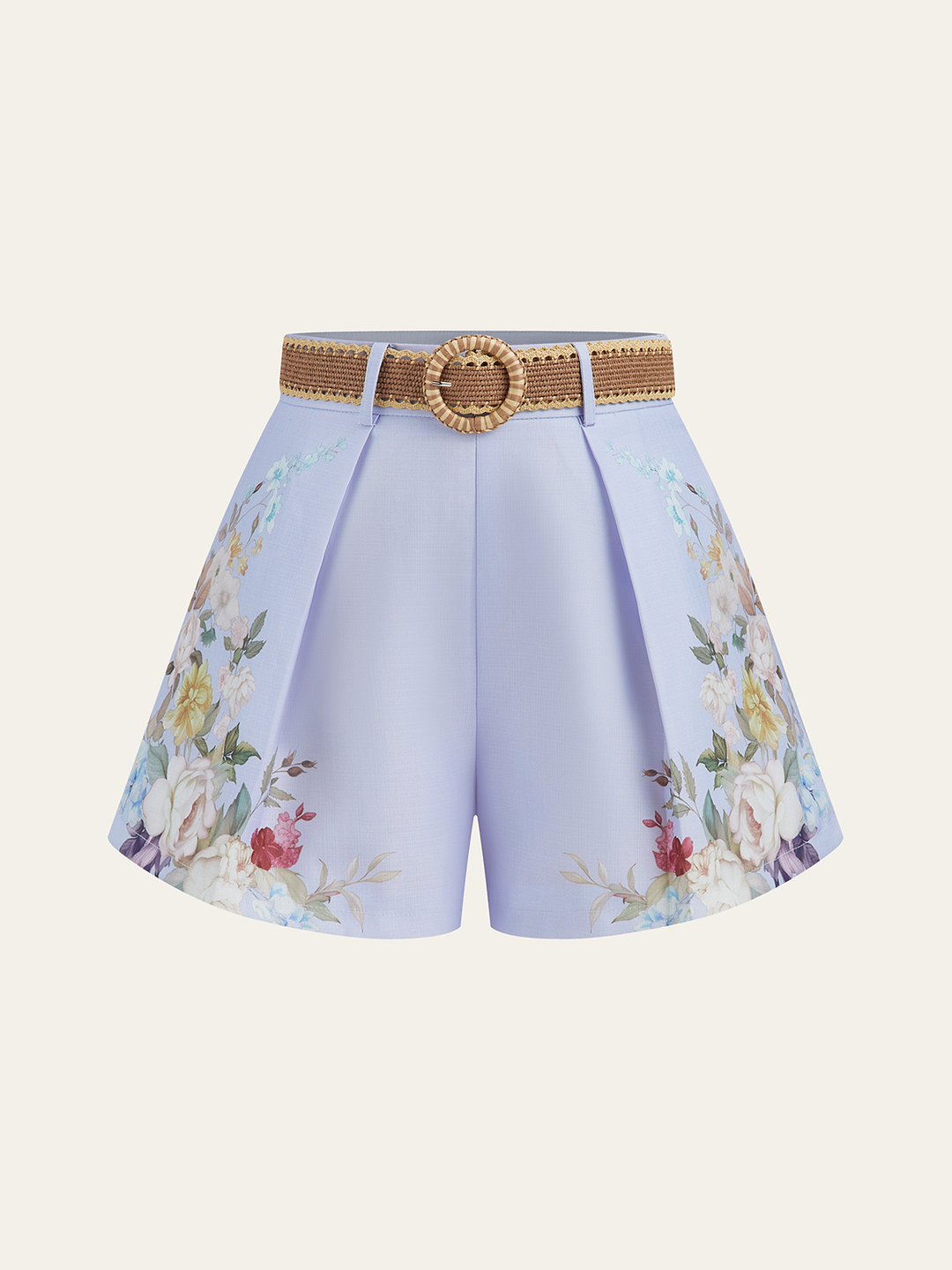 Floral Printed Belted Mid-Waist Shorts  Liora Lane Boutique Shorts LightBlue / XL 42.00