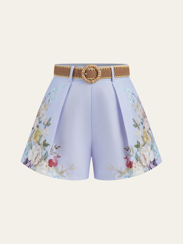 Floral Printed Belted Mid-Waist Shorts  Liora Lane Boutique Shorts LightBlue / XL 42.00