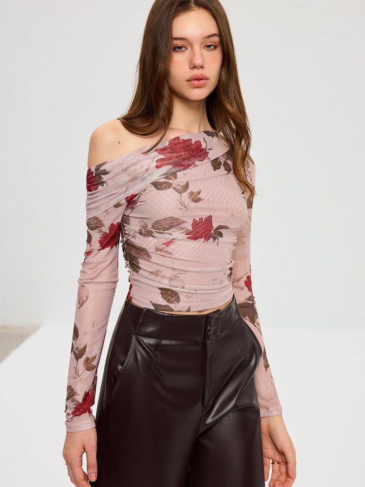 Floral Print Off-Shoulder Mesh T-Shirt  Liora Lane Boutique T-Shirts