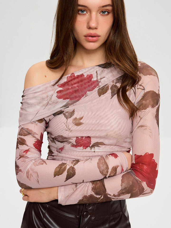 Floral Print Off-Shoulder Mesh T-Shirt  Liora Lane Boutique T-Shirts