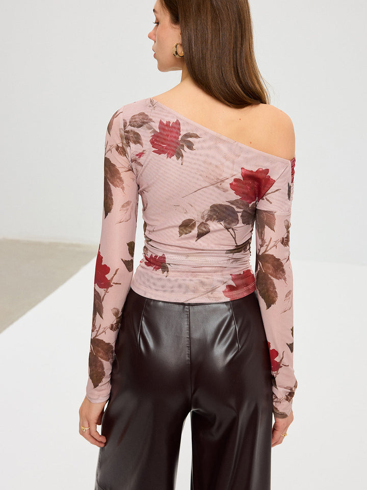 Floral Print Off-Shoulder Mesh T-Shirt  Liora Lane Boutique T-Shirts