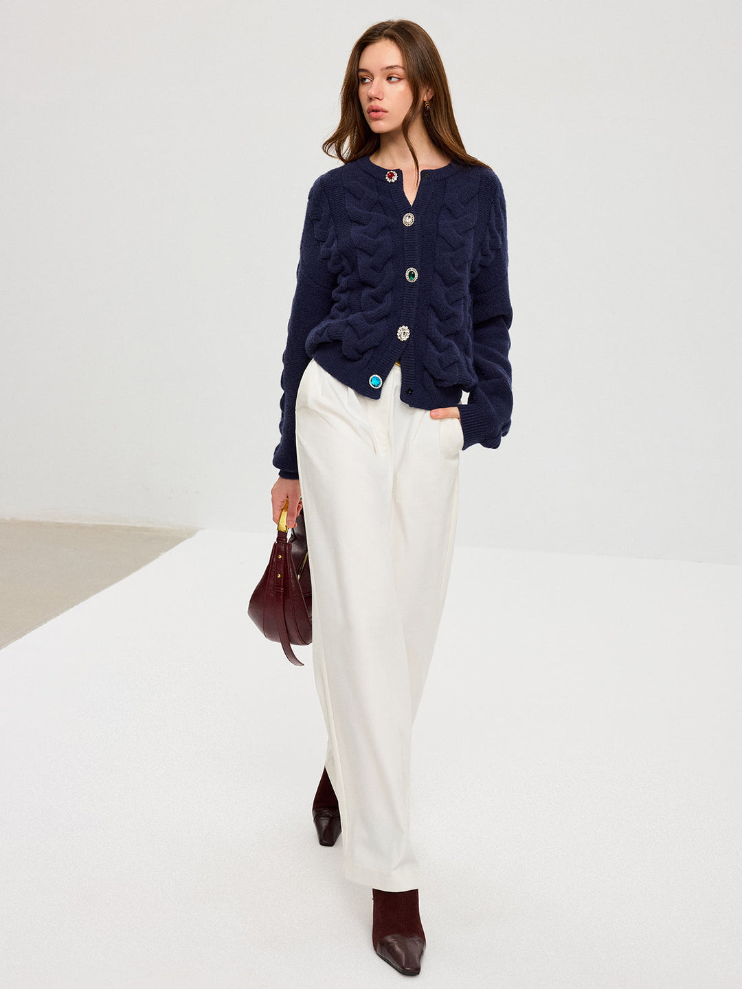 Cable Knit Rhinestone Button Cardigan  Liora Lane Boutique Cardigans