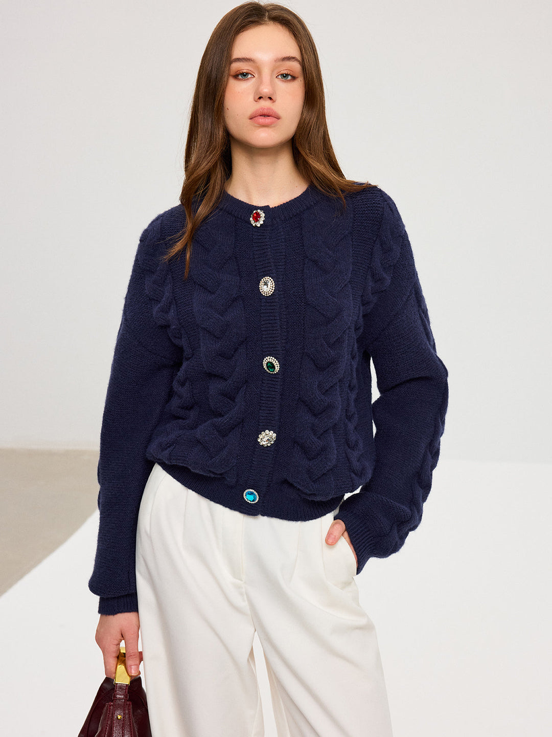 Cable Knit Rhinestone Button Cardigan  Liora Lane Boutique Cardigans