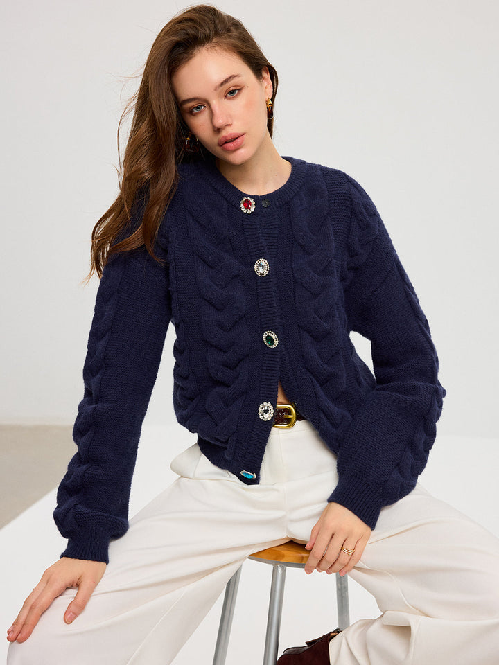 Cable Knit Rhinestone Button Cardigan  Liora Lane Boutique Cardigans Navy / XL 84.99
