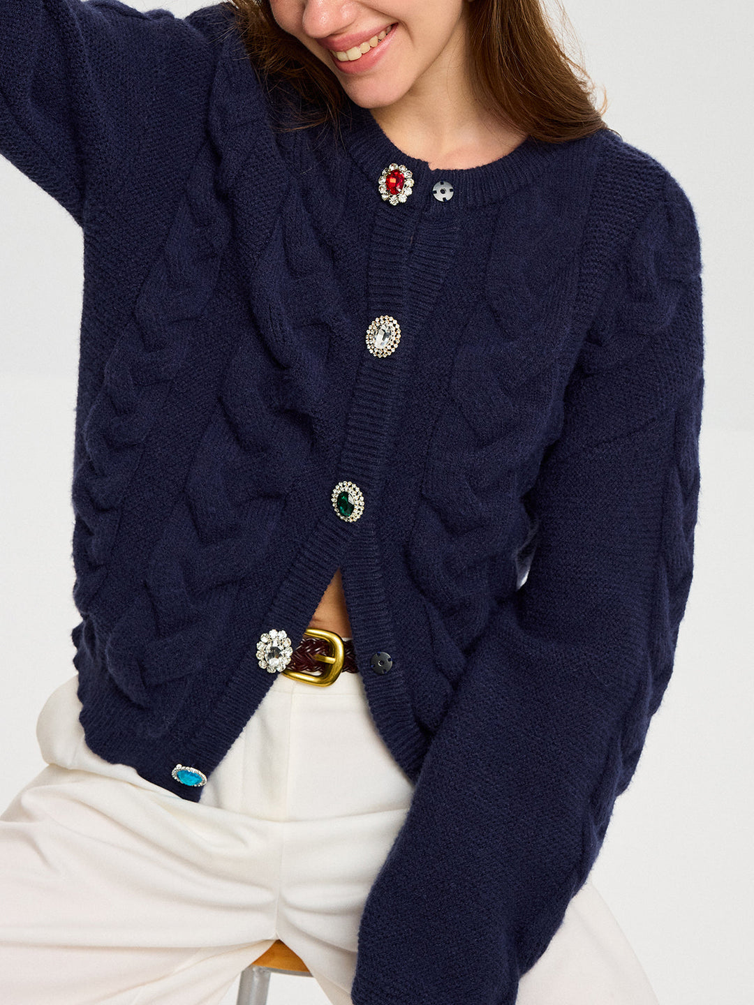 Cable Knit Rhinestone Button Cardigan  Liora Lane Boutique Cardigans