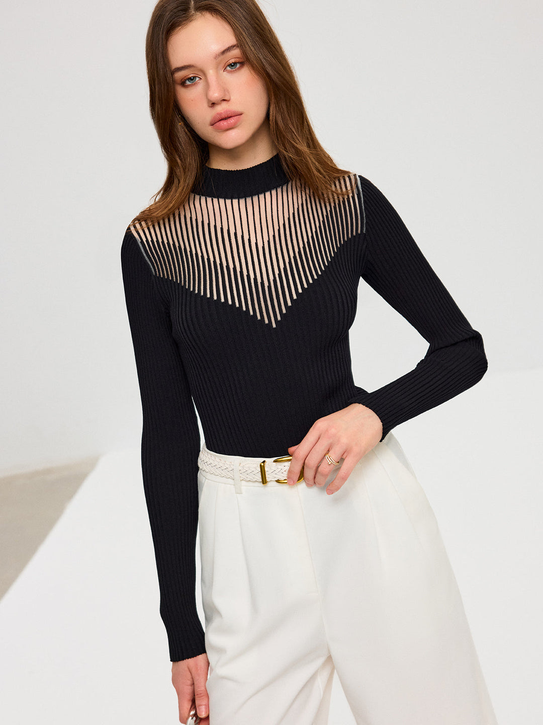 Striped Mesh Panel Ribbed Knit Top  Liora Lane Boutique Knit Tops