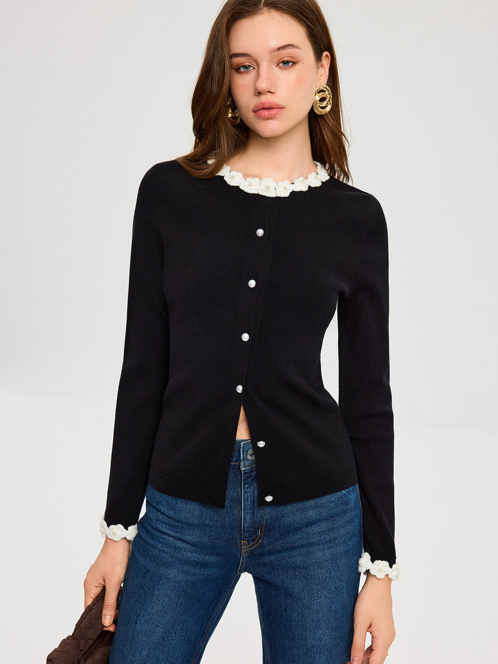 3D Floral Trim Pearl Button Cardigan  Liora Lane Boutique Cardigans