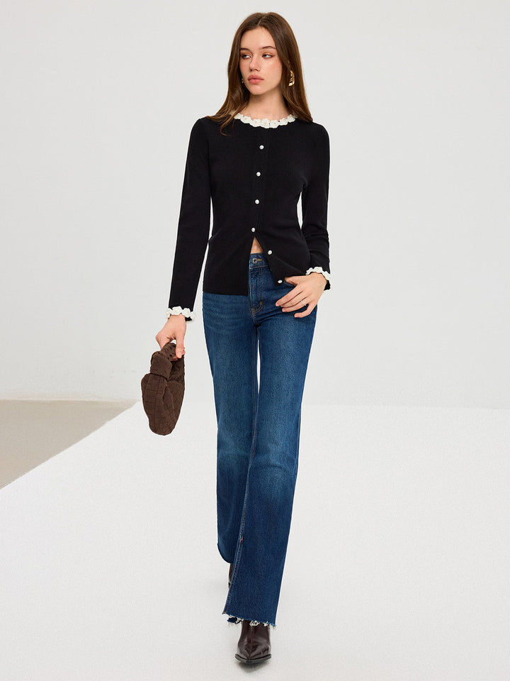 3D Floral Trim Pearl Button Cardigan  Liora Lane Boutique Cardigans