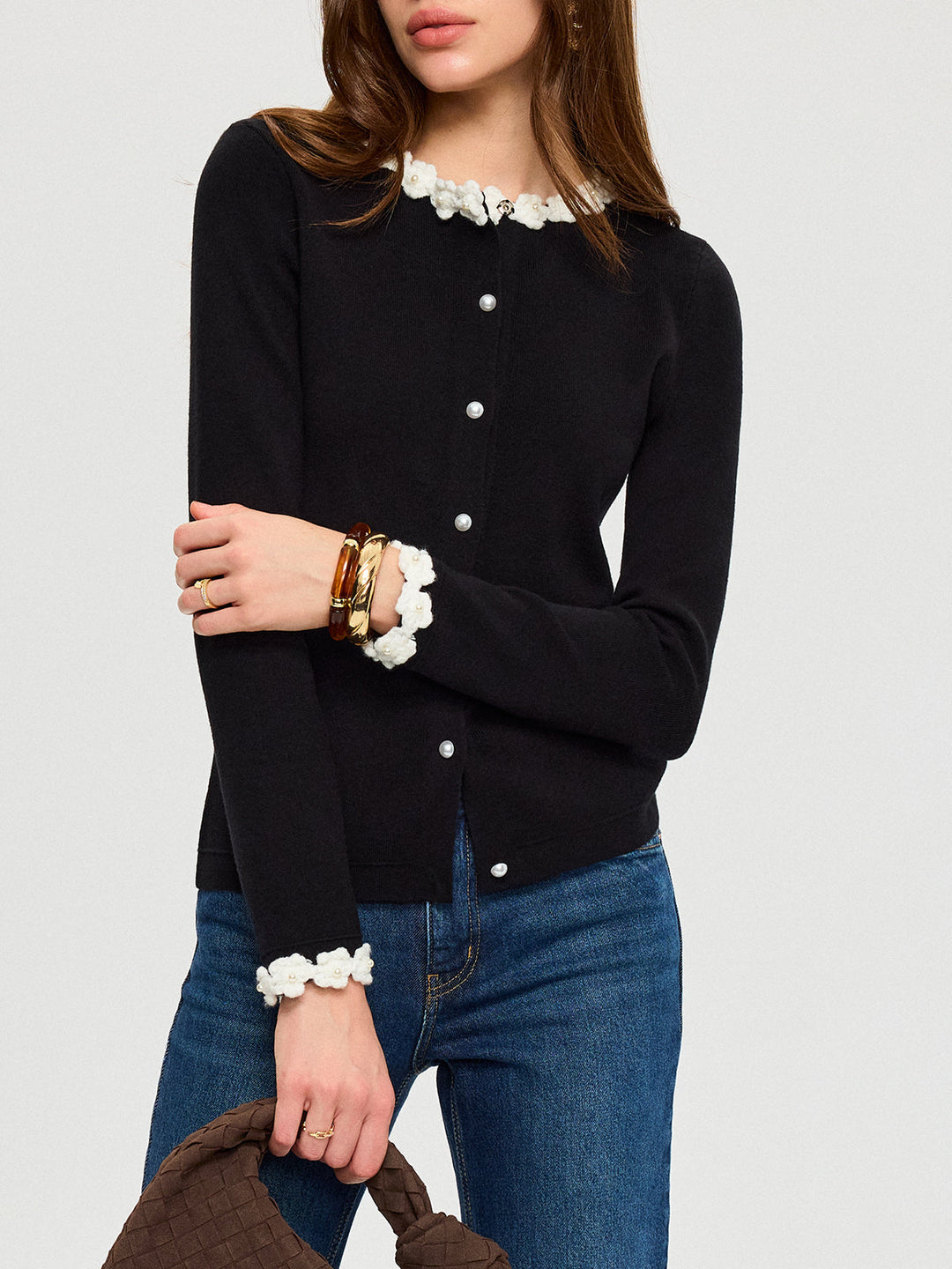 3D Floral Trim Pearl Button Cardigan  Liora Lane Boutique Cardigans Black / XL 49.00