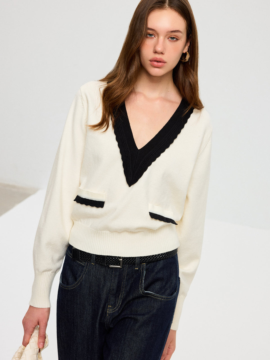 Contrast V-Neck Knit Top  Liora Lane Boutique Knit Tops