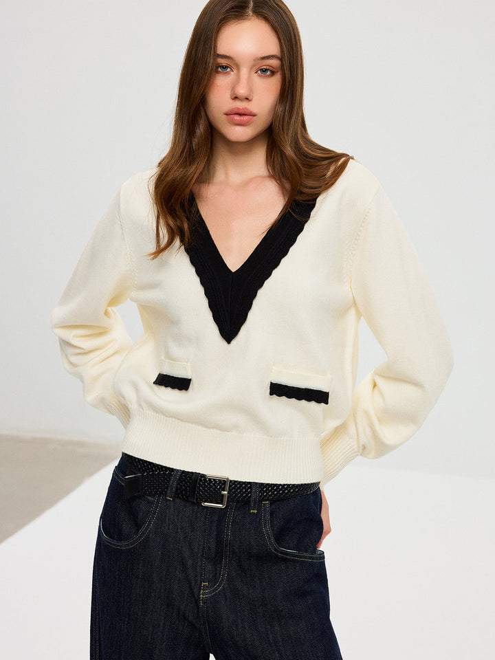 Contrast V-Neck Knit Top  Liora Lane Boutique Knit Tops