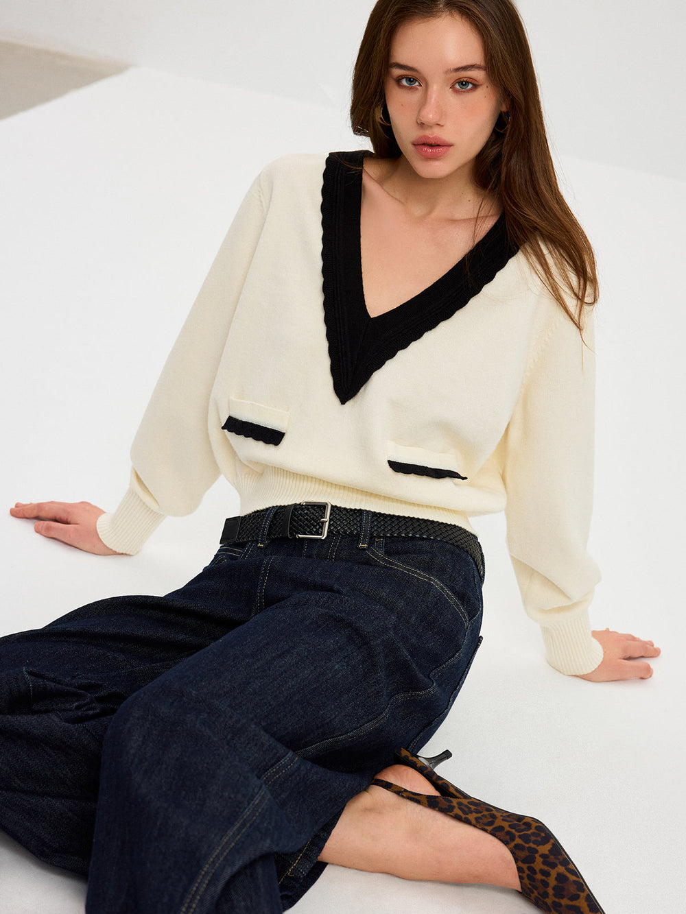 Contrast V-Neck Knit Top  Liora Lane Boutique Knit Tops