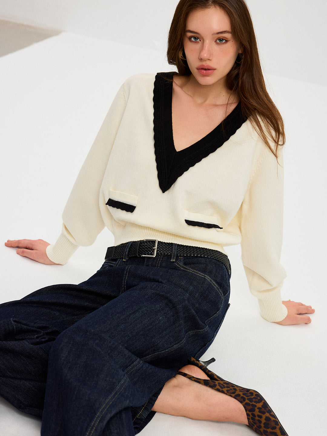 Contrast V-Neck Knit Top  Liora Lane Boutique Knit Tops