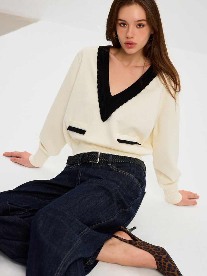 Contrast V-Neck Knit Top  Liora Lane Boutique Knit Tops