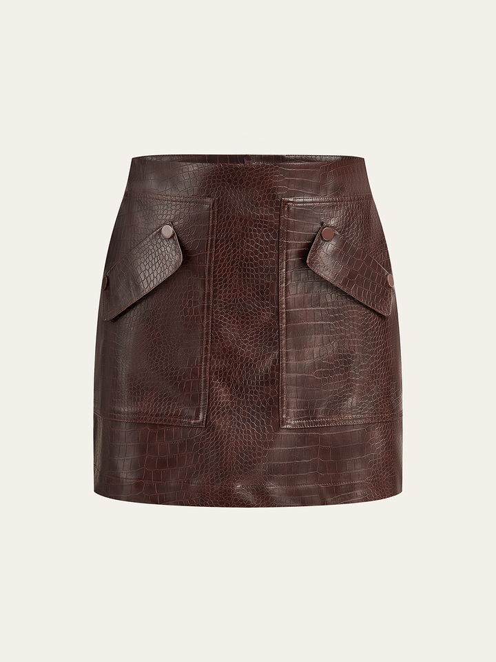 Faux Leather Crocodile-Embossed Mini Skirt  Liora Lane Boutique Skirts Dark Brown / XL 39.00