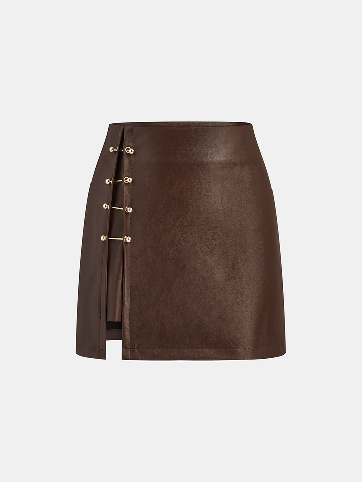 PU Leather Metal Detail Mini Skirt  Liora Lane Boutique Skirts Dark Brown / XL 34.00