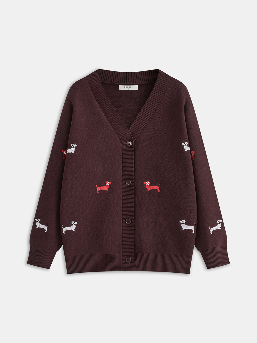 Dog Embroidered V-Neck Cardigan  Liora Lane Boutique Cardigans Brown / L 99.99