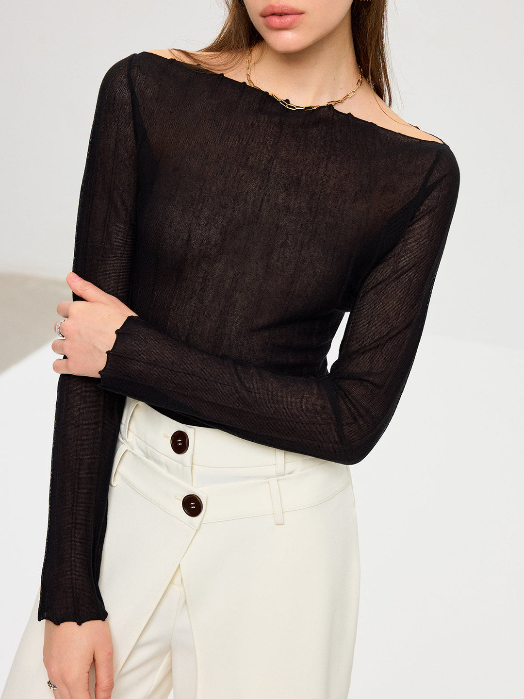 Off-Shoulder Sheer Knit Top  Liora Lane Boutique T-Shirts Black / XL 36.00