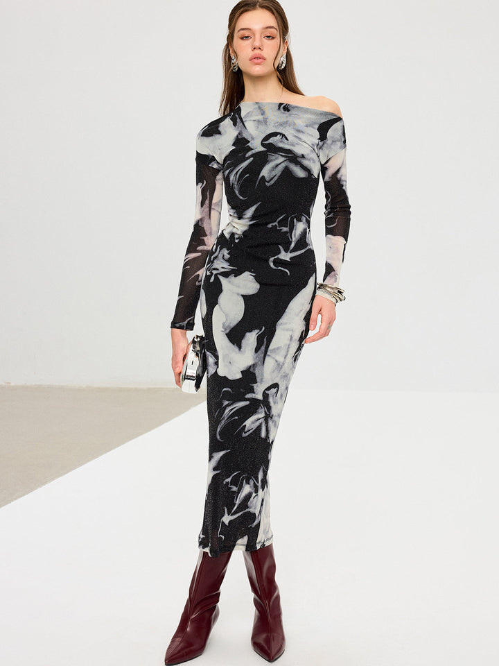 Abstract Print Mesh One-Shoulder Maxi Dress  Liora Lane Boutique Dresses