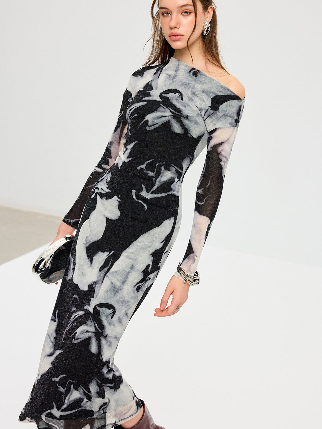 Abstract Print Mesh One-Shoulder Maxi Dress  Liora Lane Boutique Dresses Black / XL 45.00