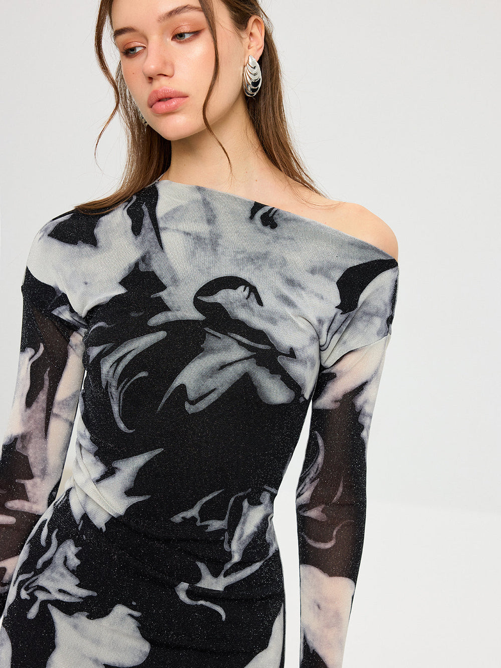 Abstract Print Mesh One-Shoulder Maxi Dress  Liora Lane Boutique Dresses