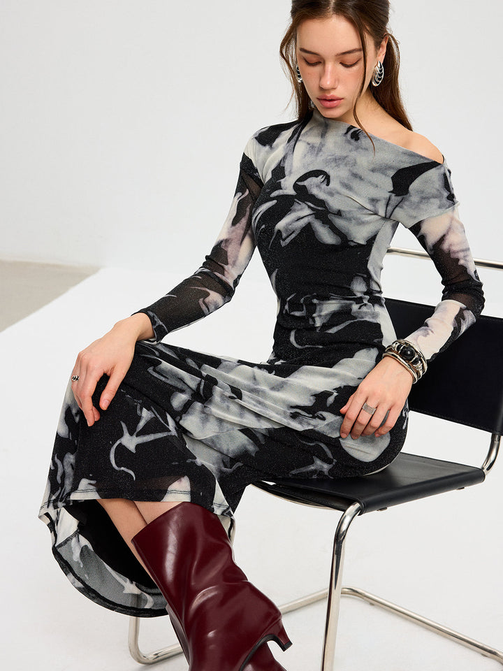 Abstract Print Mesh One-Shoulder Maxi Dress  Liora Lane Boutique Dresses