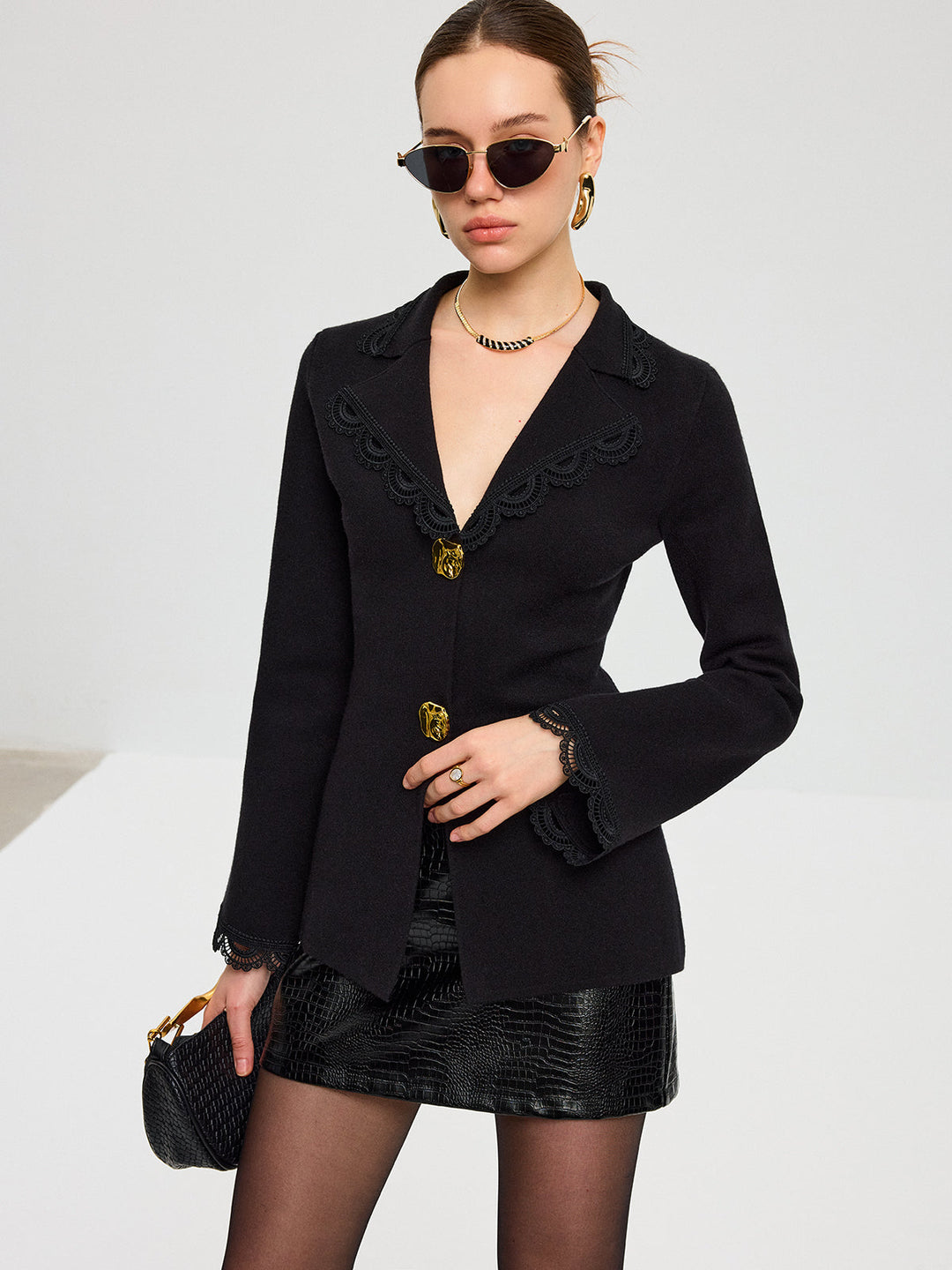 Wool Blend Lace Trim Metal Button Cardigan  Liora Lane Boutique Cardigans Black / XL 99.99