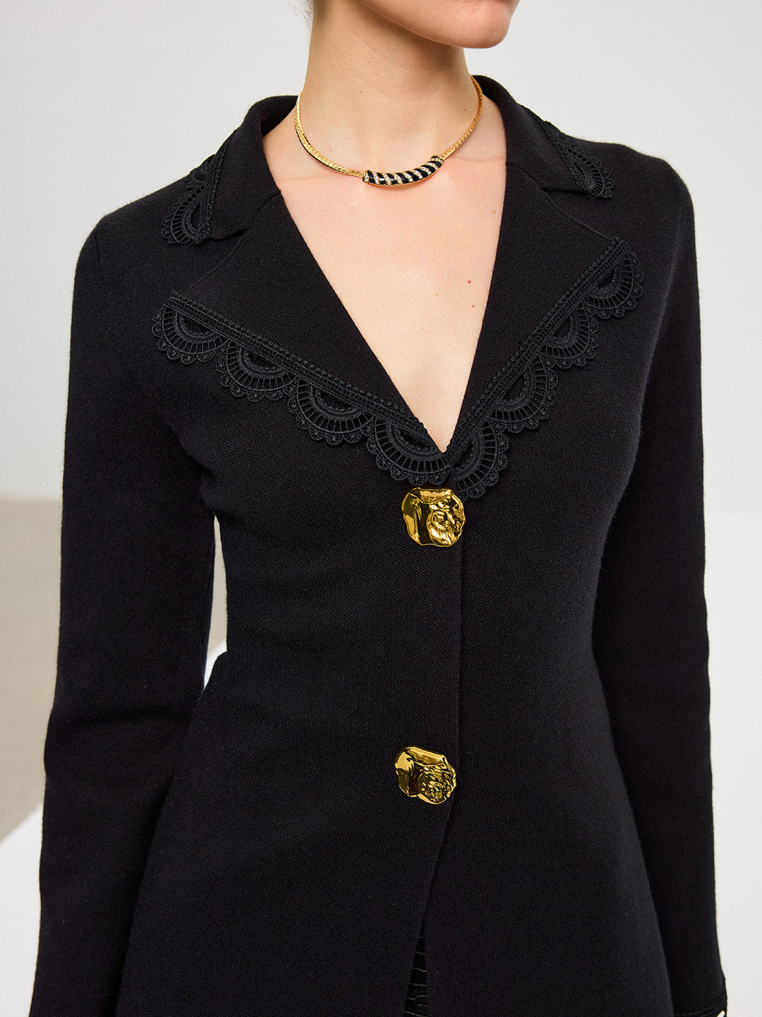 Wool Blend Lace Trim Metal Button Cardigan  Liora Lane Boutique Cardigans