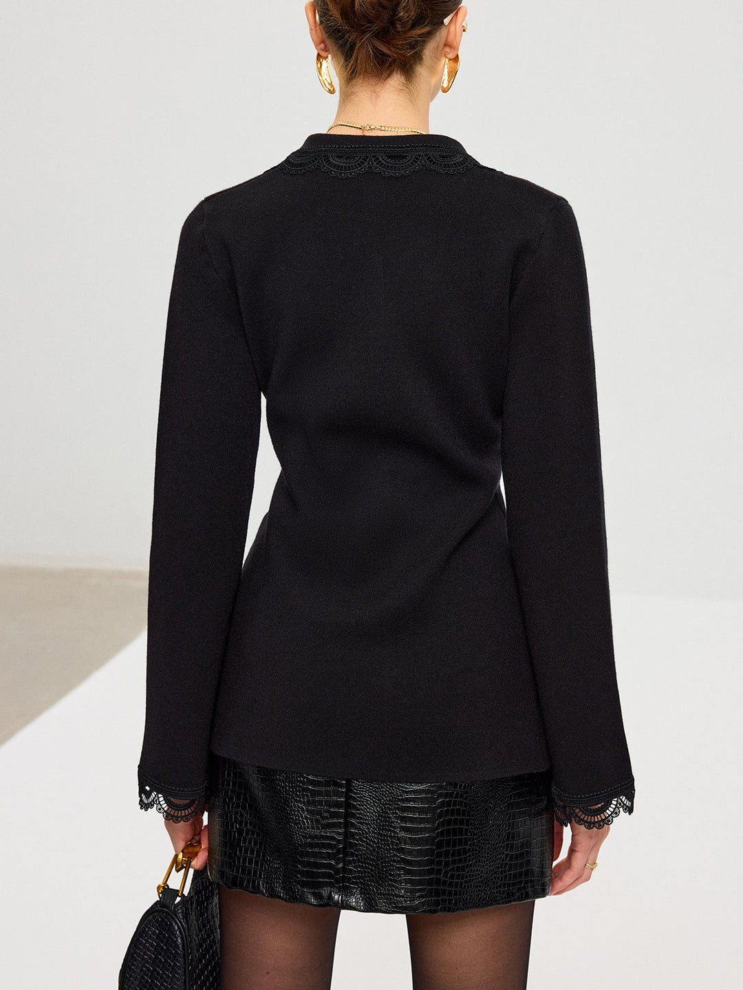 Wool Blend Lace Trim Metal Button Cardigan  Liora Lane Boutique Cardigans