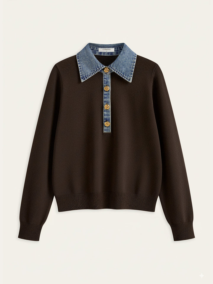 Denim Collar Wool Blend Knit Top  Liora Lane Boutique Knit Tops Dark Brown / XL 54.00