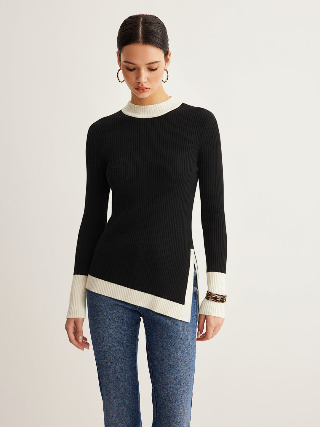 Color-Block Asymmetric Hem Ribbed Knit Top  Liora Lane Boutique Knit Tops Black / XL 39.00