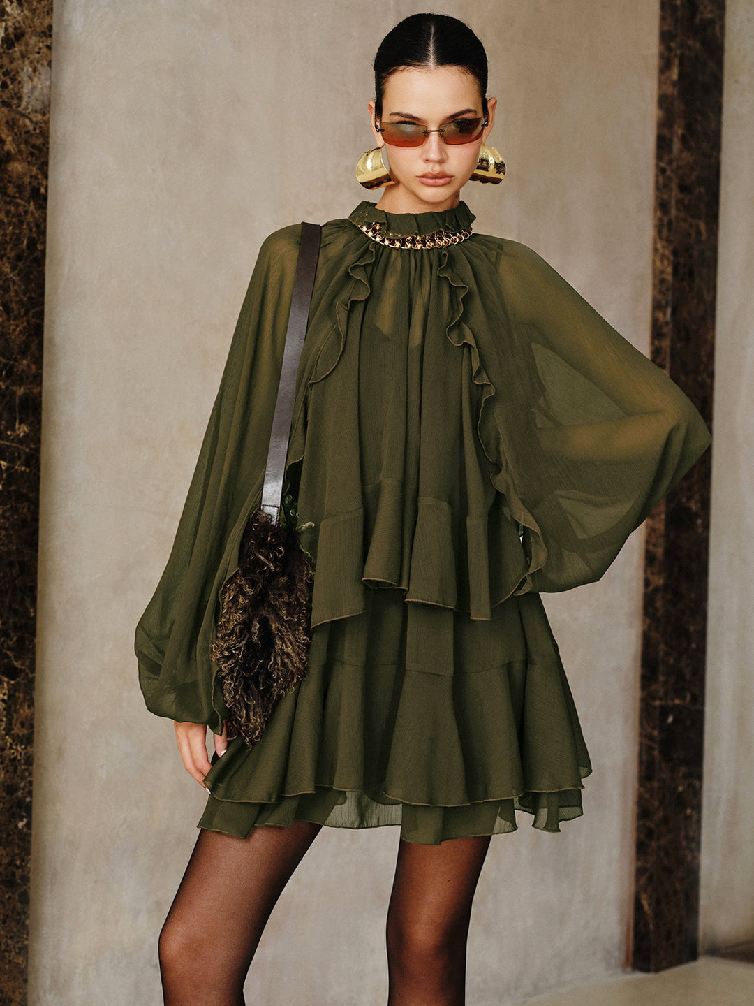 Tiered Ruffle Chiffon Mini Dress Set with Liner  Liora Lane Boutique Dresses Dark Green / XL 72.00