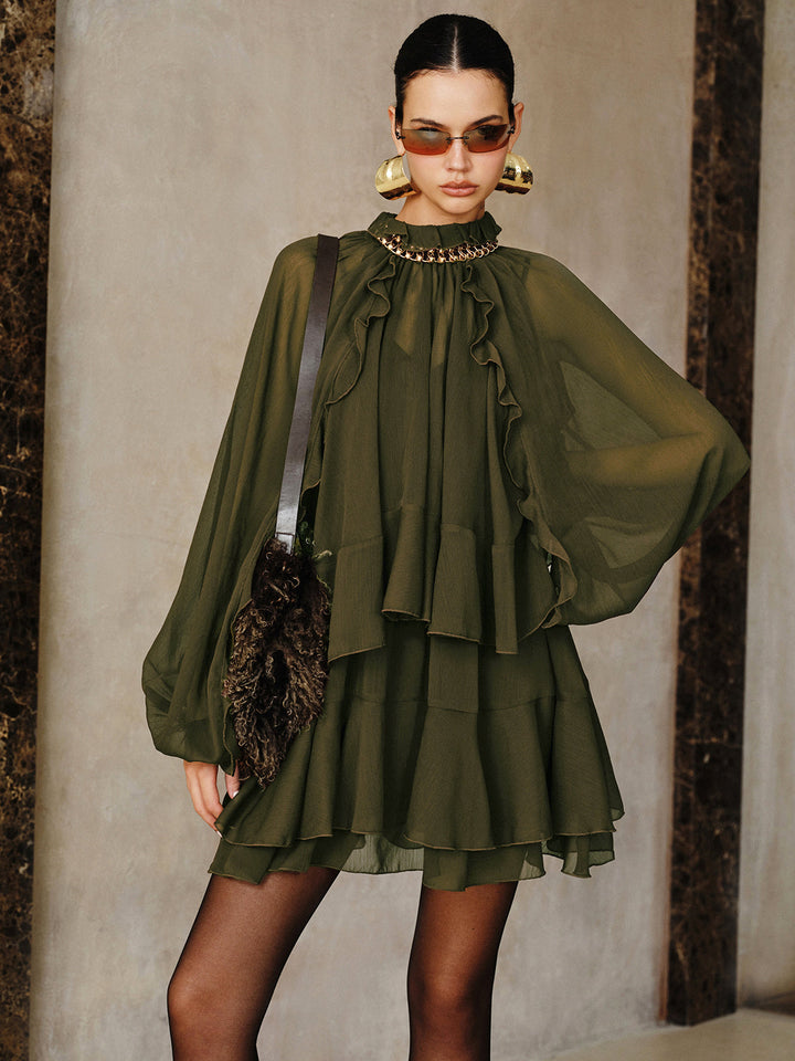 Tiered Ruffle Chiffon Mini Dress Set with Liner  Liora Lane Boutique Dresses Dark Green / XL 72.00