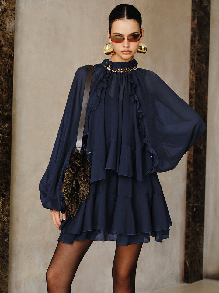 Tiered Ruffle Chiffon Mini Dress Set with Liner  Liora Lane Boutique Dresses Navy / XL 72.00