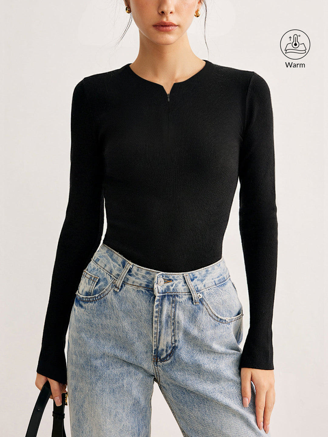 Slim Fit Zip-Front Long Sleeve T-Shirt  Liora Lane Boutique T-Shirts Black / XL 29.00