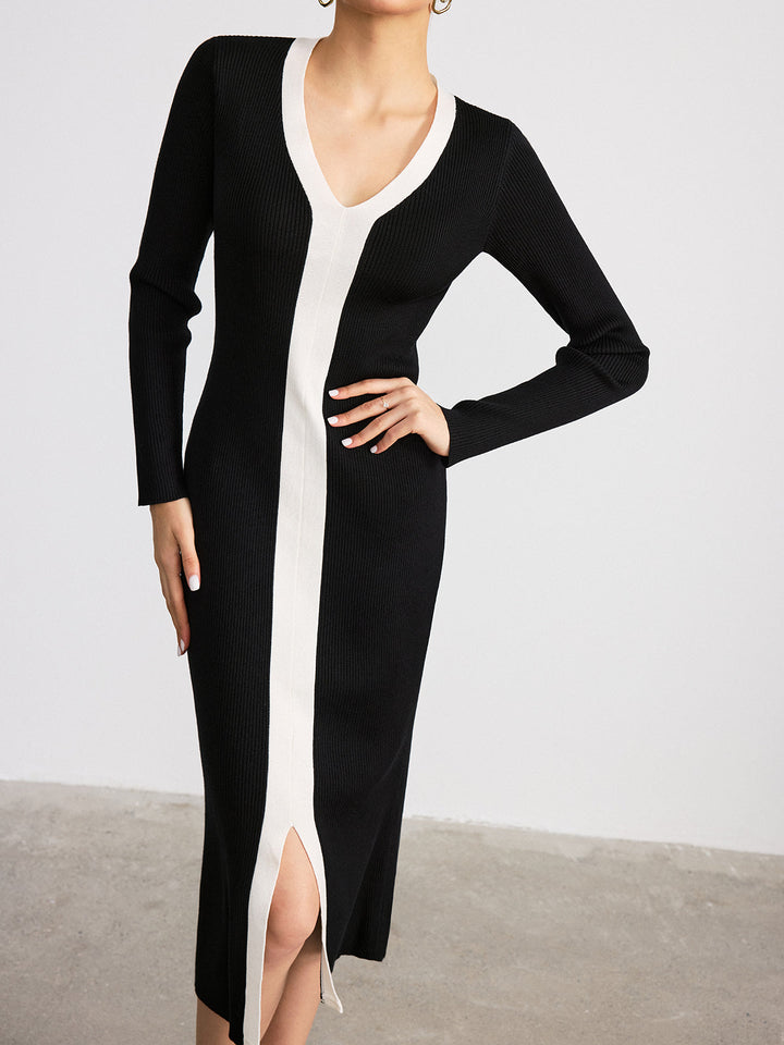 Contrast Trim V-Neck Knitted Slit Dress  Liora Lane Boutique Sweater Dresses