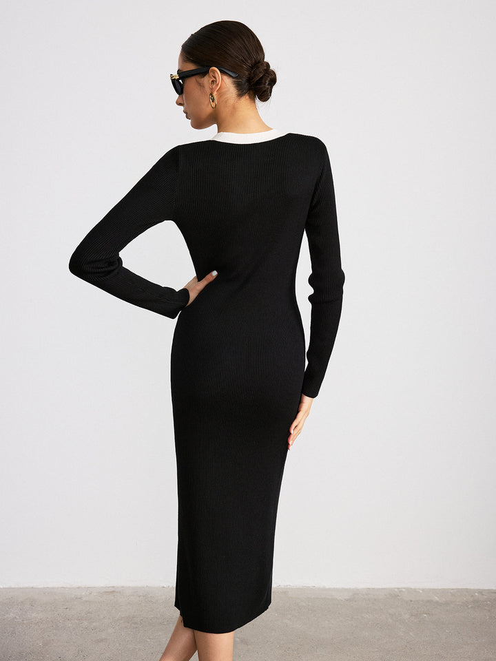 Contrast Trim V-Neck Knitted Slit Dress  Liora Lane Boutique Sweater Dresses