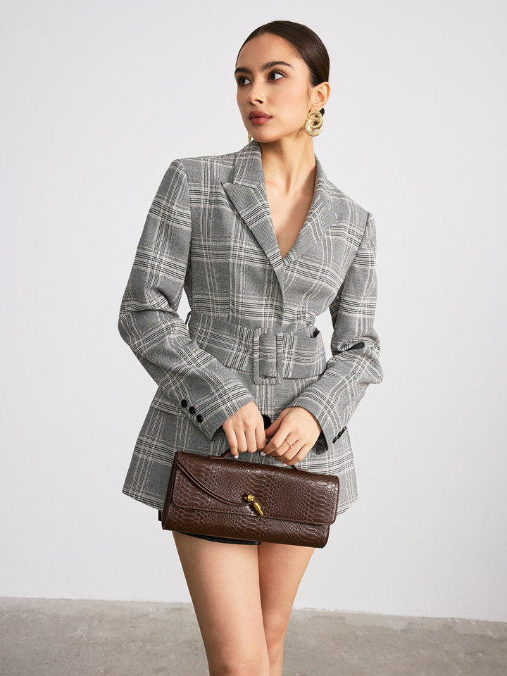 Plaid Cotton Blend Blazer with Wide Belt  Liora Lane Boutique Blazers