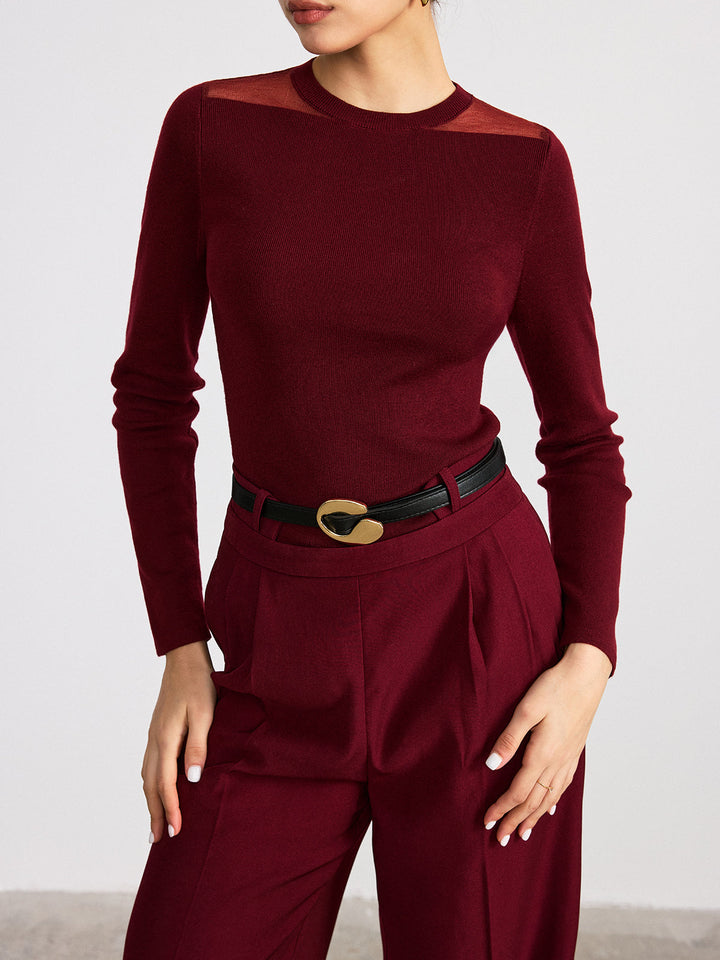 Sheer Paneled Wool Blend Knit Top  Liora Lane Boutique Knit Tops Burgundy / XL 93.99