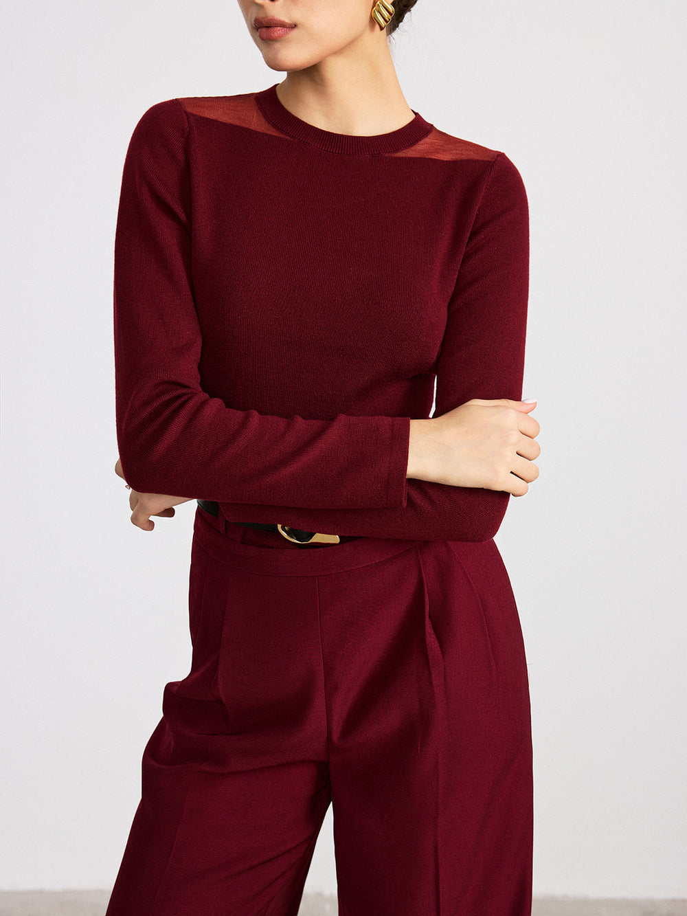 Sheer Paneled Wool Blend Knit Top  Liora Lane Boutique Knit Tops