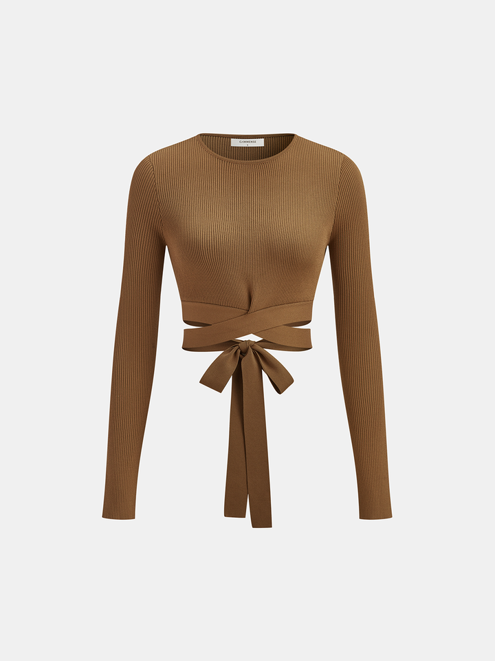 Ribbed Long Sleeve Tie-Back Top  Liora Lane Boutique Knit Tops Camel / XL 39.00