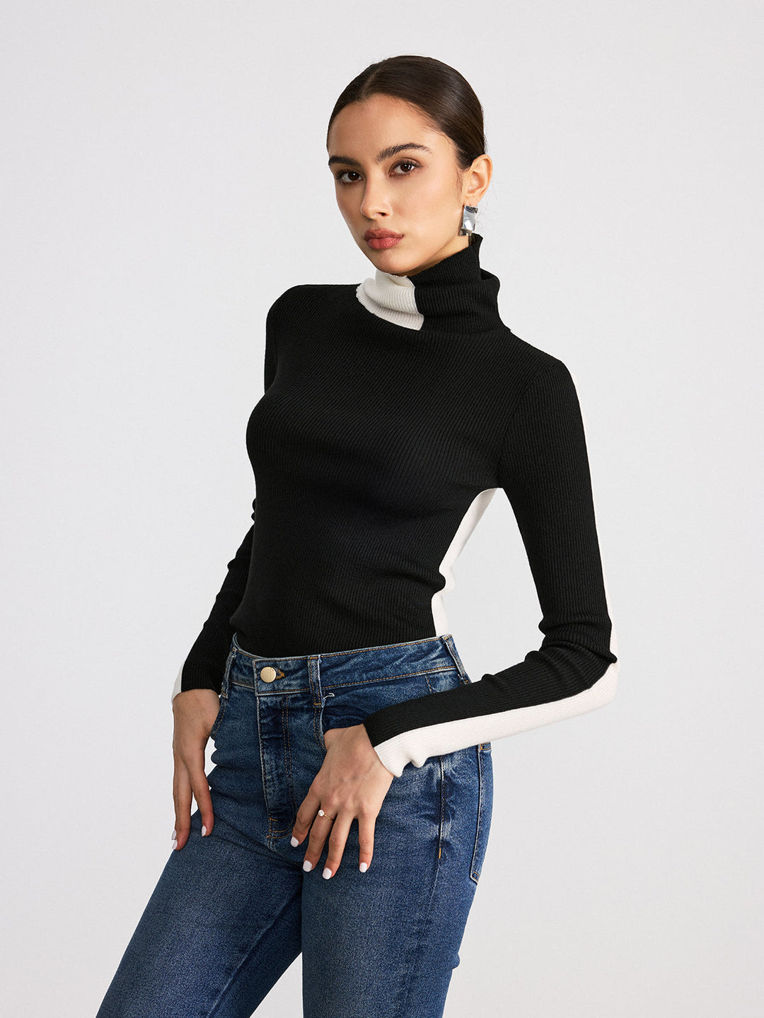 Color-Block Turtleneck Ribbed Knit Top  Liora Lane Boutique Knit Tops