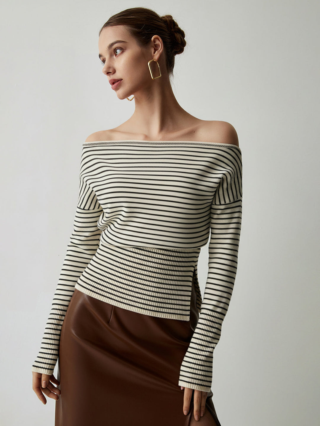 Slit Hem Off-Shoulder Striped Sweater  Liora Lane Boutique Sweaters