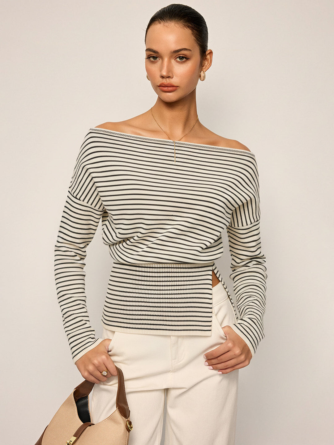 Slit Hem Off-Shoulder Striped Sweater  Liora Lane Boutique Sweaters Off-White / XL 45.00