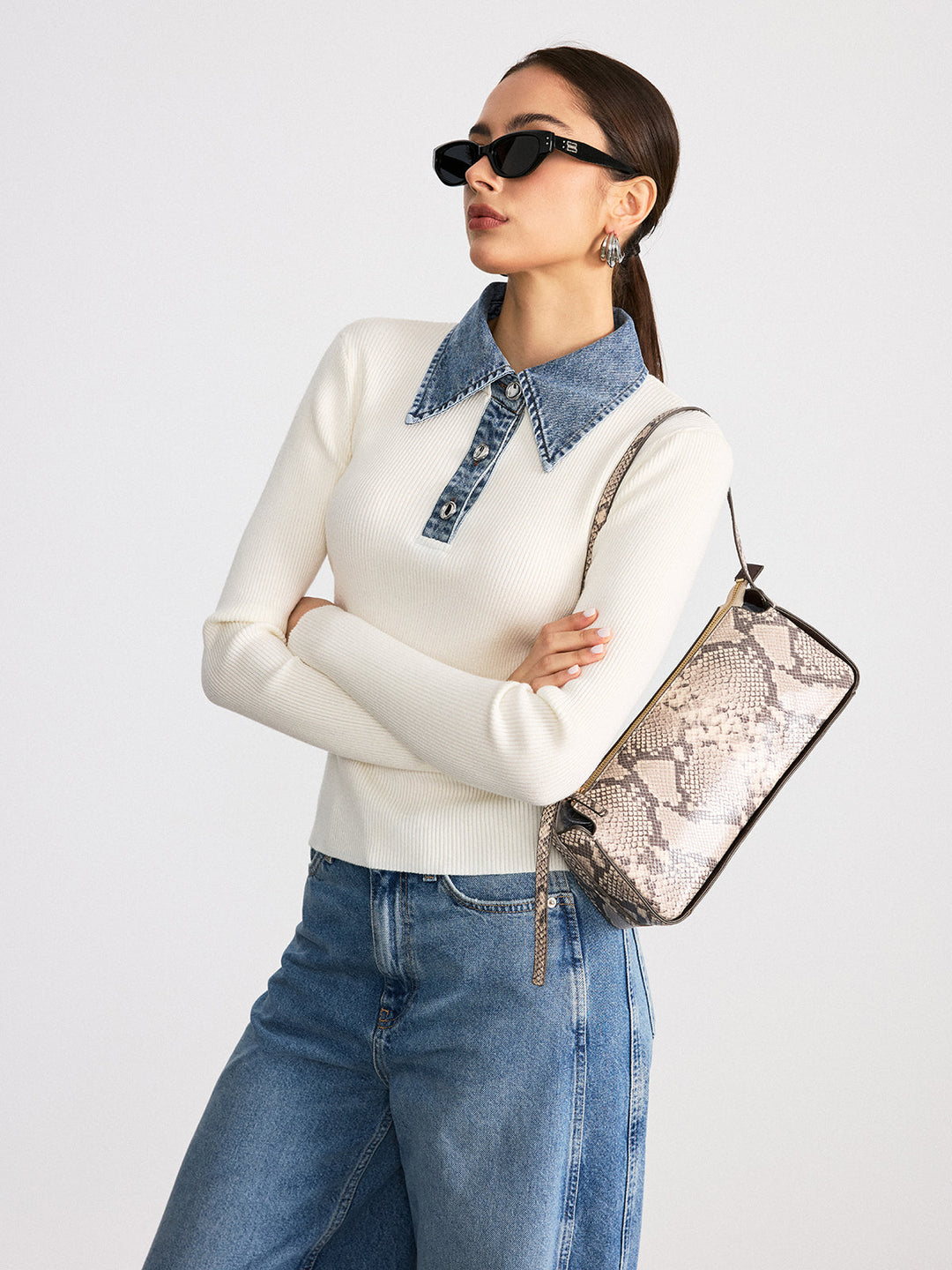 Denim Collar Wool Blend Knit Top  Liora Lane Boutique Knit Tops Beige / XL 58.00