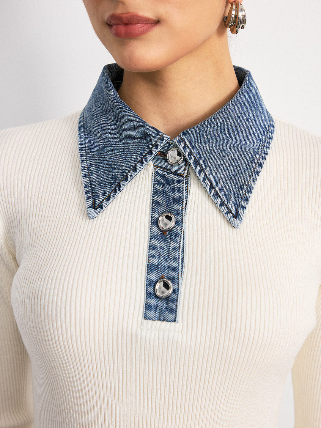 Denim Collar Wool Blend Knit Top  Liora Lane Boutique Knit Tops