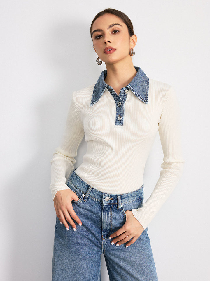 Denim Collar Wool Blend Knit Top  Liora Lane Boutique Knit Tops